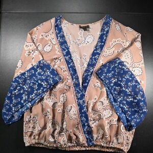 OLM Womens Paisley Floral Boho Mixed Print Surplice Blouse Tan Blue Size Large